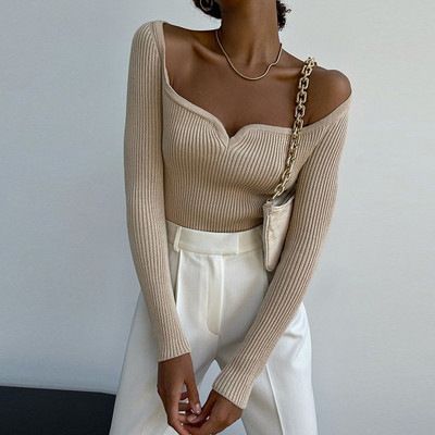 Σέξι πλεκτό γυναικείο πουλόβερ Φθινοπωρινό Χειμώνας με μακρυμάνικο τετράγωνο λαιμόκοψη 2022 Νέα μόδα πράσινο πουλόβερ Γυναικείο πουλόβερ Y2k