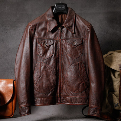Vintage brūna vīriešu ādas jaka Dabīgs teļa ādas mētelis vīriešu īstas govs ādas apģērbs pavasara rudens Āzijas izmēra Dropshipping