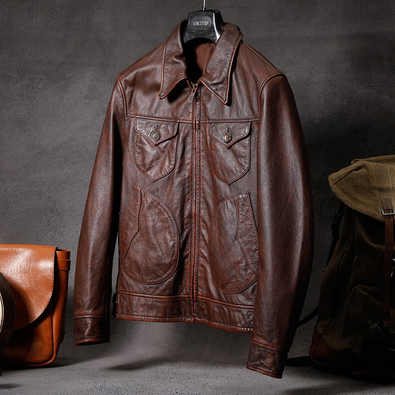 Vintage brūna vīriešu ādas jaka Dabīgs teļa ādas mētelis vīriešu īstas govs ādas apģērbs pavasara rudens Āzijas izmēra Dropshipping
