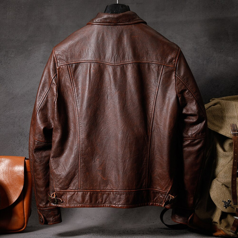 Vintage brūna vīriešu ādas jaka Dabīgs teļa ādas mētelis vīriešu īstas govs ādas apģērbs pavasara rudens Āzijas izmēra Dropshipping