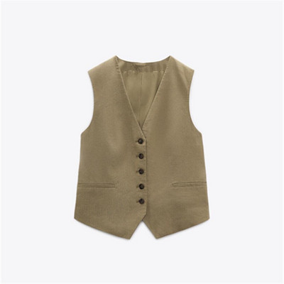 PB&ZA vasaras jauns sieviešu modes retro commuter vienkrāsains lina jaukta auduma V veida kakla piedurkņu īsa veste 8372/323