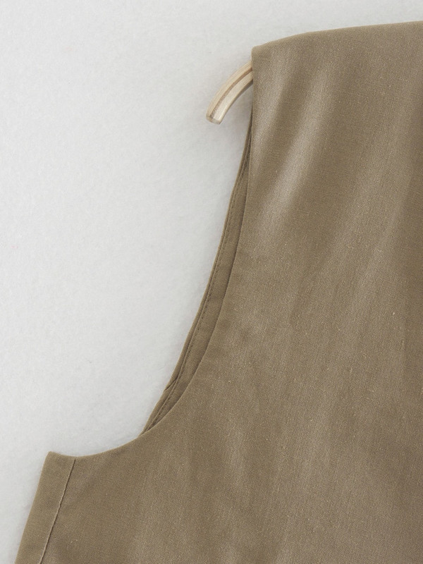 PB&ZA vasaras jauns sieviešu modes retro commuter vienkrāsains lina jaukta auduma V veida kakla piedurkņu īsa veste 8372/323