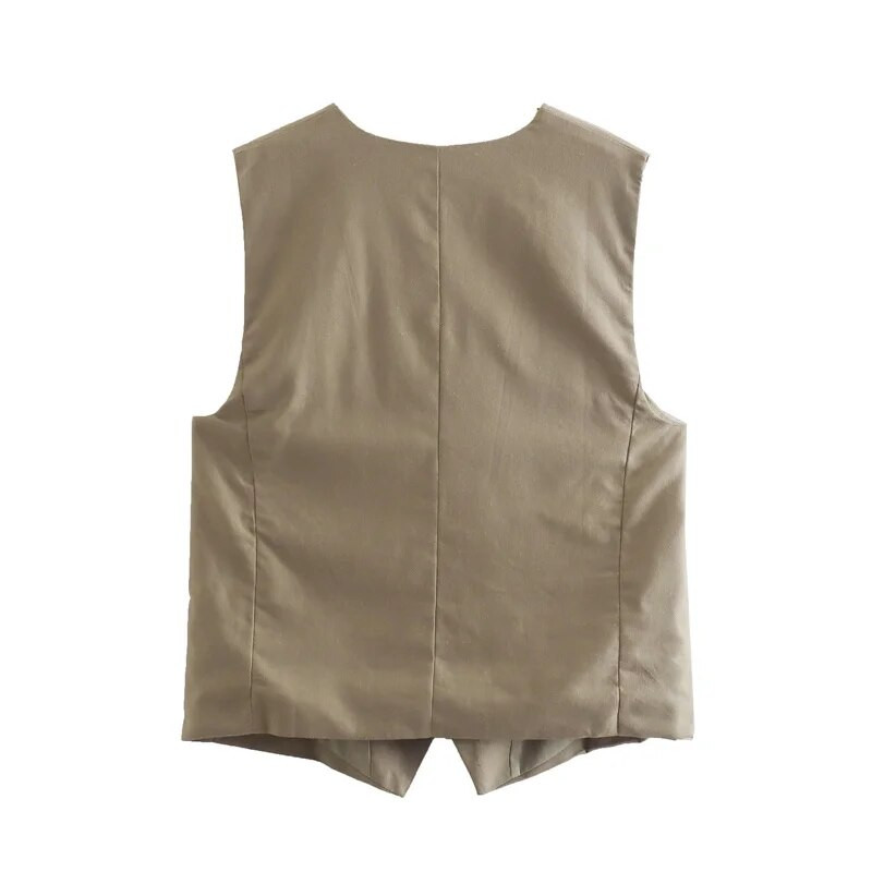 PB&ZA vasaras jauns sieviešu modes retro commuter vienkrāsains lina jaukta auduma V veida kakla piedurkņu īsa veste 8372/323