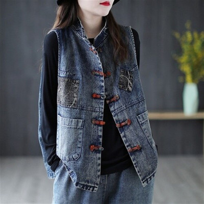 YASUGUOJI Sieviešu modes korejiešu stila veste Sieviešu vintage bezpiedurknēm lielizmēra ikdienišķs džinsa mētelis biroja dāmas Jean veste