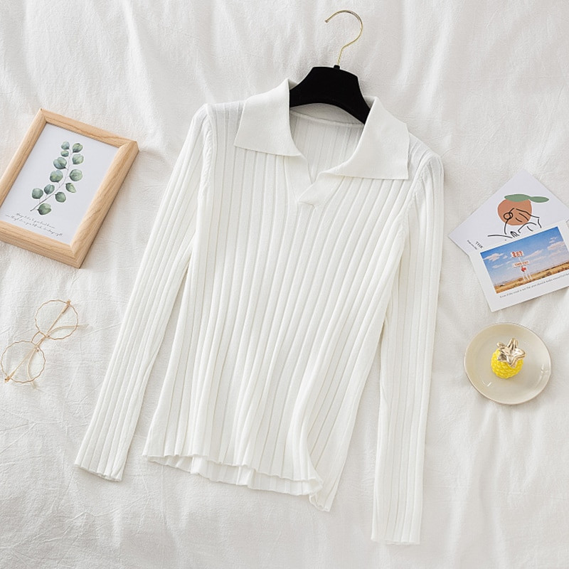 Korejas stila nolaižama apkakle Sieviešu džemperis Sieviešu džemperis ar garām piedurknēm Ikdienas džemperis Trikotāžas džemperi Rudens apģērbs Sueter Feminino