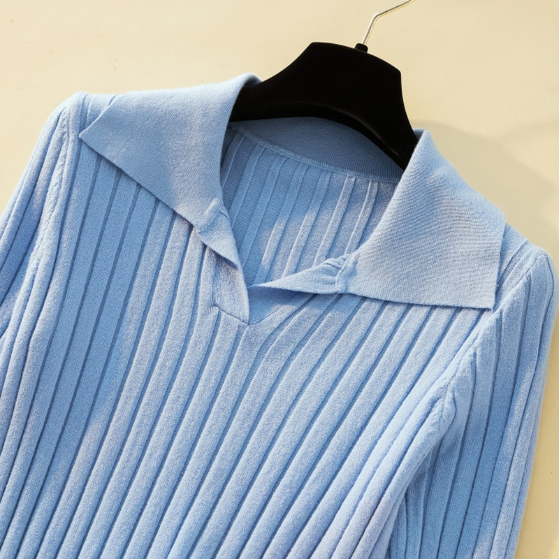 Korejas stila nolaižama apkakle Sieviešu džemperis Sieviešu džemperis ar garām piedurknēm Ikdienas džemperis Trikotāžas džemperi Rudens apģērbs Sueter Feminino