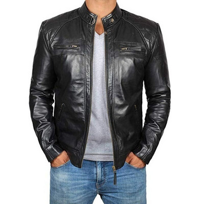 Férfi bőrkabátok Férfi motoros bőrkabát Férfi állógallér PU bőrdzsekik Punk mosott Retro bőrkabát férfi