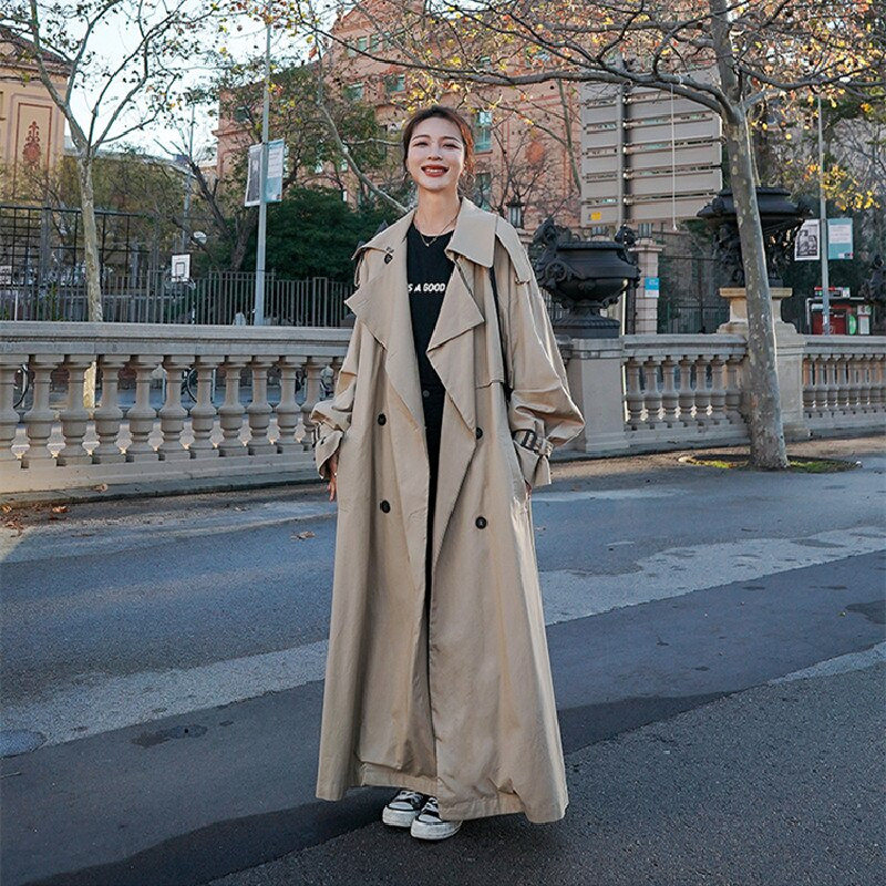 Brīva stila oversize sieviešu vējjaka dubultā krūšu josta sieviešu apmetnis vējjaka pavasara un rudens mētelis pelēks