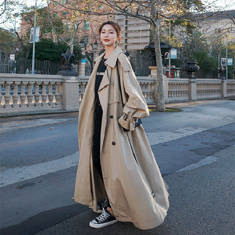 Brīva stila oversize sieviešu vējjaka dubultā krūšu josta sieviešu apmetnis vējjaka pavasara un rudens mētelis pelēks