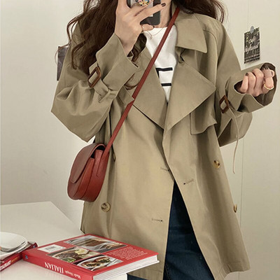 Eleganti, nolaižami apkakles jostas mēteļi sievietēm 2022. gada rudens divrindu jaka sievietēm, korejiešu stila brīva vējjaka sievietēm