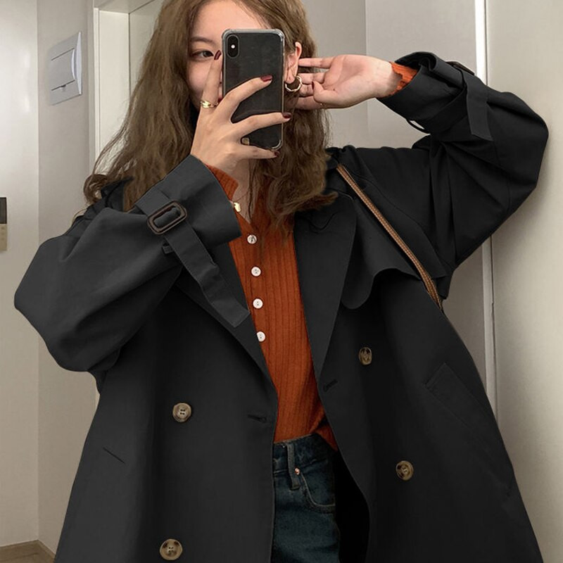 Eleganti, nolaižami apkakles jostas mēteļi sievietēm 2022. gada rudens divrindu jaka sievietēm, korejiešu stila brīva vējjaka sievietēm