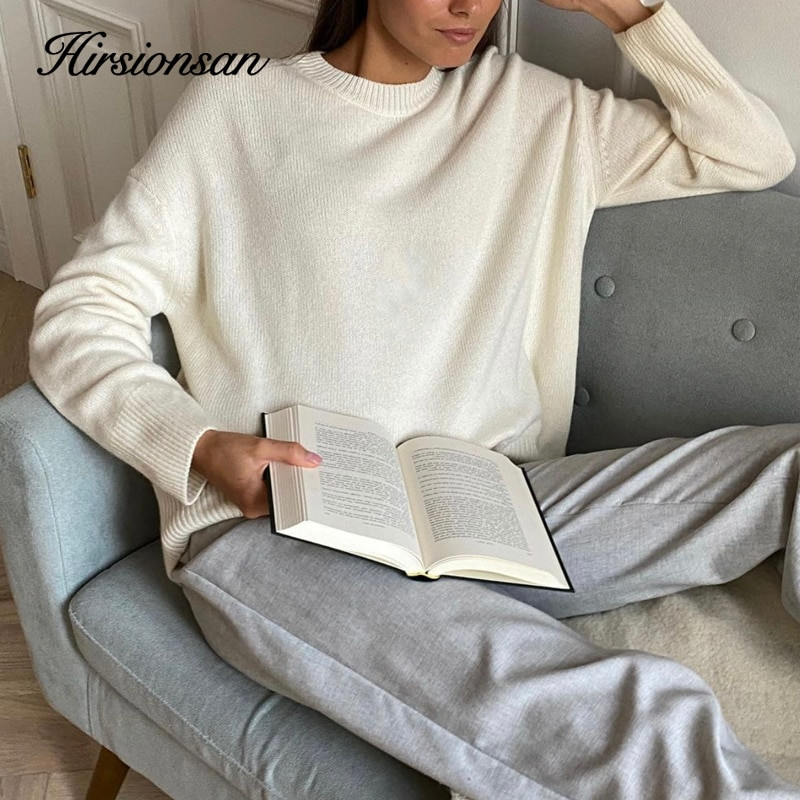 Hirsionsan Oversized Κασμίρ Φθινοπωρινό χειμερινό πουλόβερ Γυναικεία μόδα Βασικό πλεκτό πουλόβερ Chic Soft Loose Casual Γυναικείο πουλόβερ