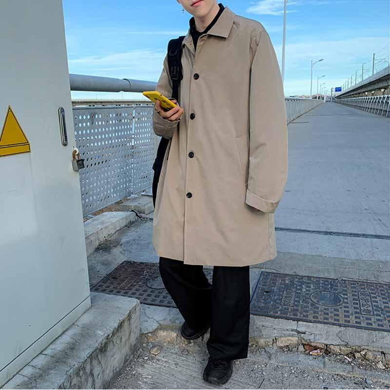Trench Vīriešu stingra apkakle, vienrinda šiks, solīdi britu stils pavasara rudens virsdrēbes Ulzzang brīvs, universāls modes jaunums