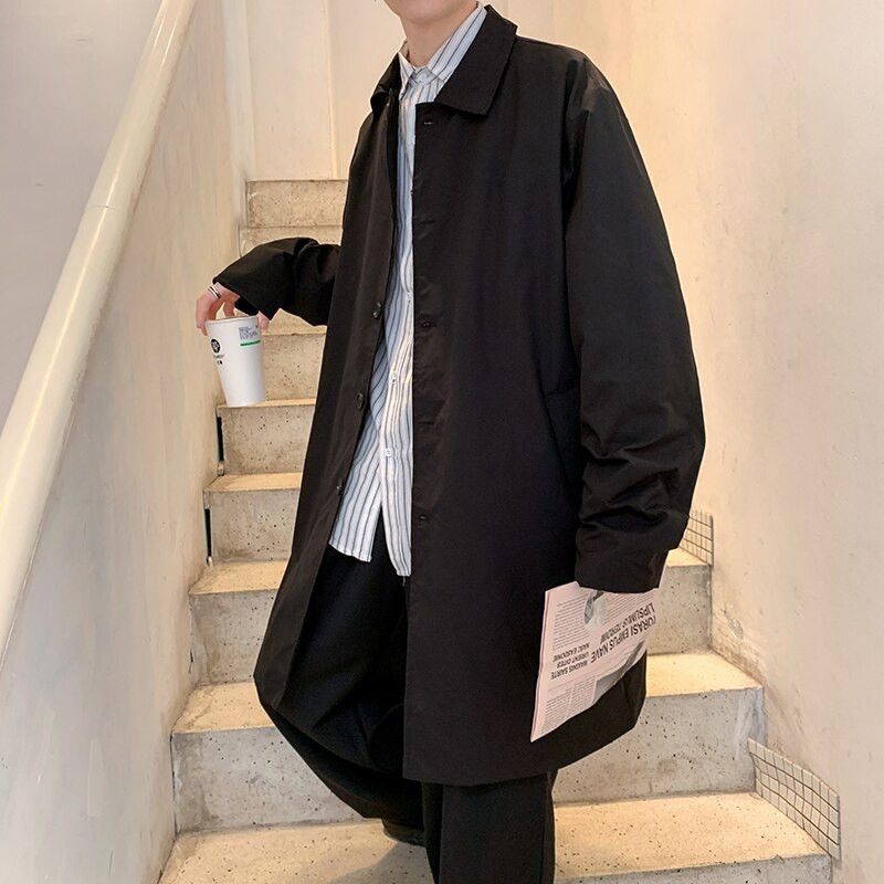 Trench Vīriešu stingra apkakle, vienrinda šiks, solīdi britu stils pavasara rudens virsdrēbes Ulzzang brīvs, universāls modes jaunums
