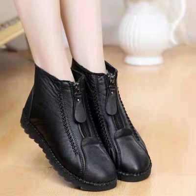 2022 Winter Women Ankle Boots Fashion Warm Mother`s Boots Flat-Bottom Comfortable Non Slip Front Zipper Closure Female Footwear