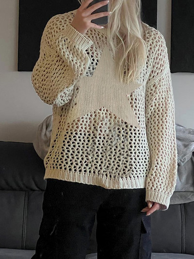 Weekeep Distressed Crochet Star Πουλόβερ Πουλόβερ Μεγάλες Χαλαρές Τρύπες Knitted Jumper Smock Y2k Harajuku Streetwear 90s πουλόβερ