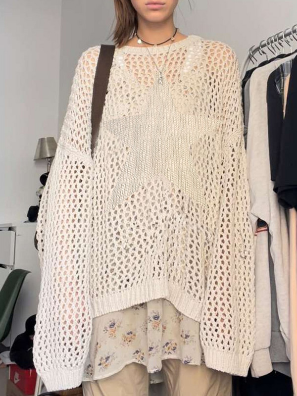 Weekeep Distressed Crochet Star Πουλόβερ Πουλόβερ Μεγάλες Χαλαρές Τρύπες Knitted Jumper Smock Y2k Harajuku Streetwear 90s πουλόβερ
