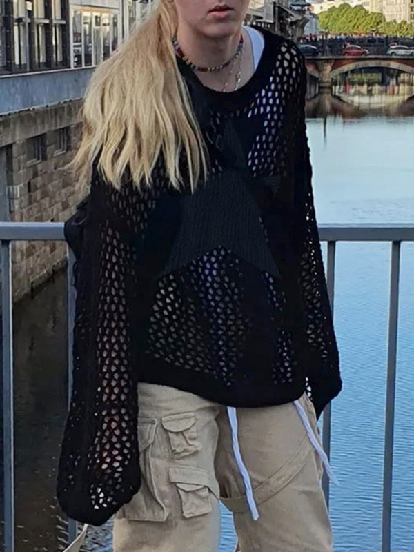 Weekeep Distressed Crochet Star Πουλόβερ Πουλόβερ Μεγάλες Χαλαρές Τρύπες Knitted Jumper Smock Y2k Harajuku Streetwear 90s πουλόβερ