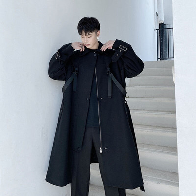 PFNW Férfi viselési pánt Kialakítás Funkció Középhosszú Trench kabát férfi profilhoz Térd feletti kabát Őszi fekete cipzáros széldzsekik