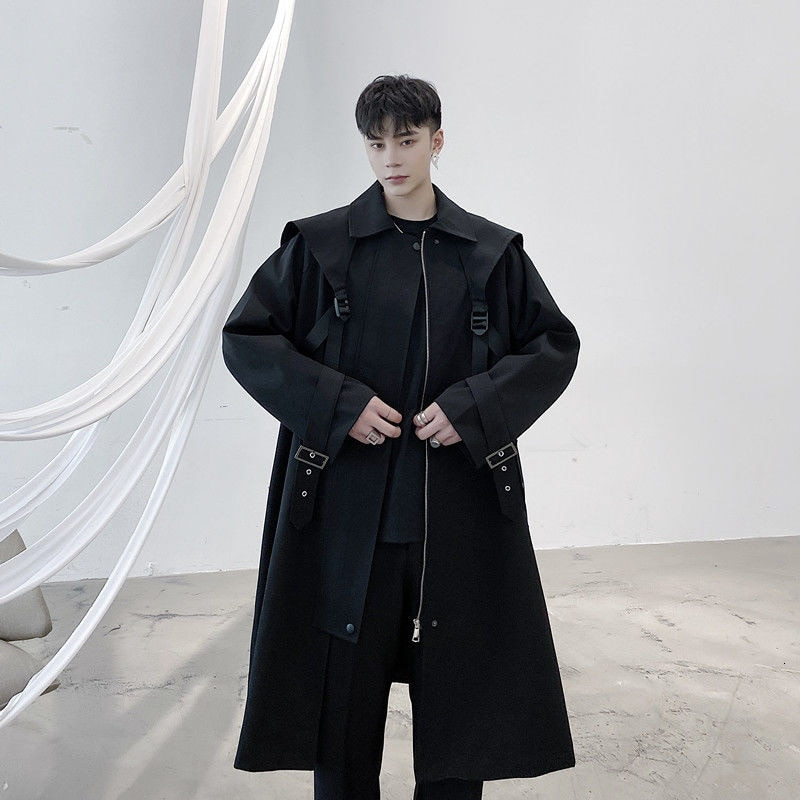 PFNW Férfi viselési pánt Kialakítás Funkció Középhosszú Trench kabát férfi profilhoz Térd feletti kabát Őszi fekete cipzáros széldzsekik
