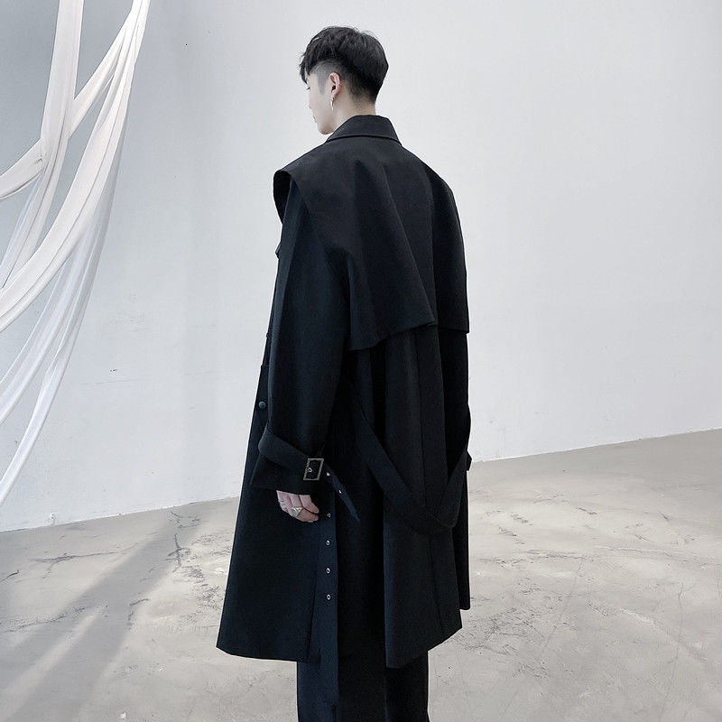 PFNW Férfi viselési pánt Kialakítás Funkció Középhosszú Trench kabát férfi profilhoz Térd feletti kabát Őszi fekete cipzáros széldzsekik