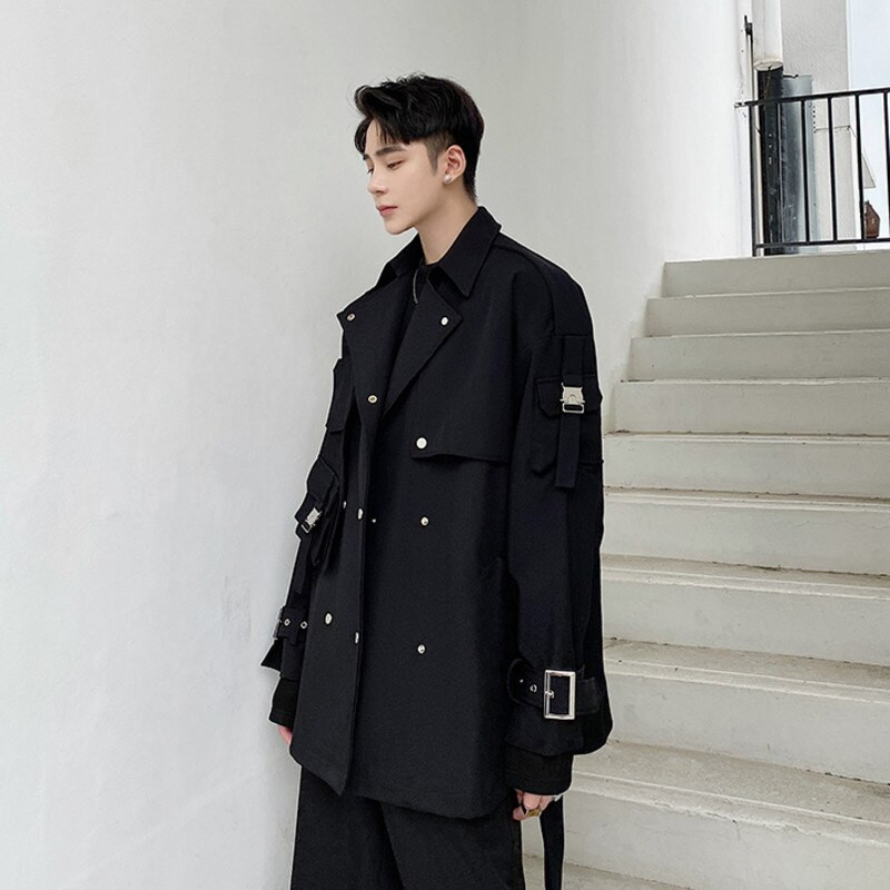 IEFB muška jesenska modna niša kratka vjetrovka s dvostrukim kopčanjem, kaput s dugmadima i dugim rukavima.