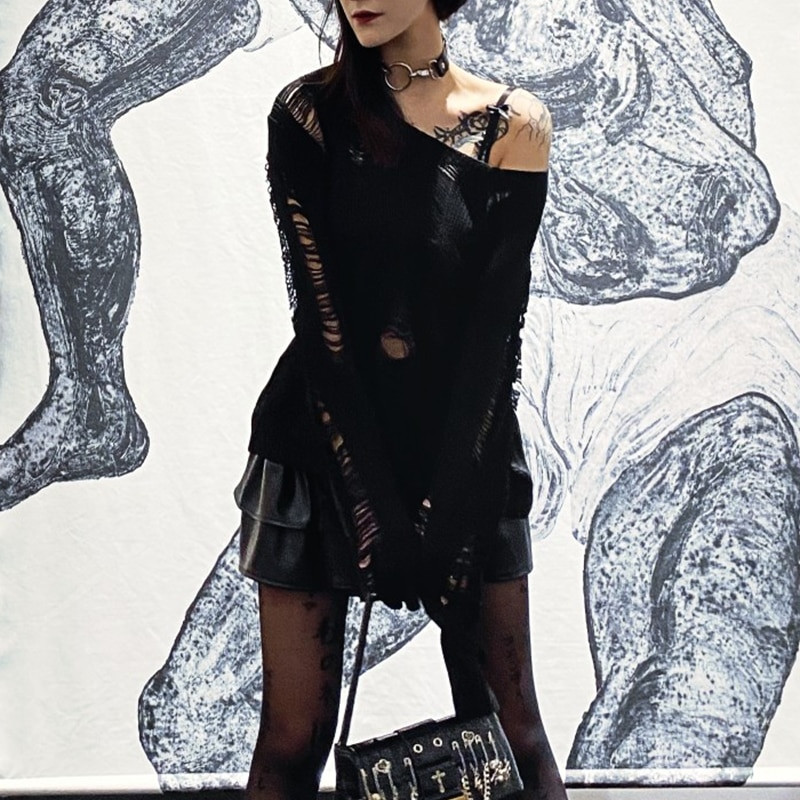 Sieviešu tumši gotas krāsas šķelto caurumu adīti džemperi, melni gotikas stila sieviešu džemperi, koši džemperi, rudens seksīgi, izvelkami džemperi