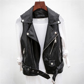 Jauns pavasara rudens melns PU ādas veste sieviešu motociklu veste mētelis bez piedurknēm vestes liela izmēra 2XL