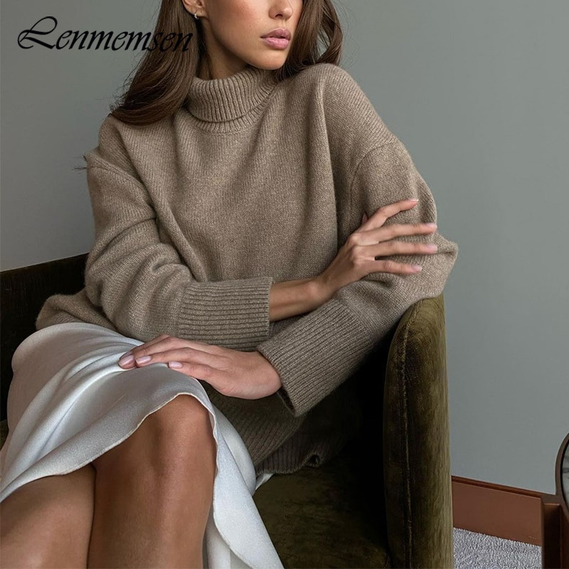 Lenmemsen ziemas brīvs trikotāžas džemperis sievietēm ikdienas džemperis ar garām piedurknēm, vienkrāsains sieviešu džemperis, moderns kašmira džemperis