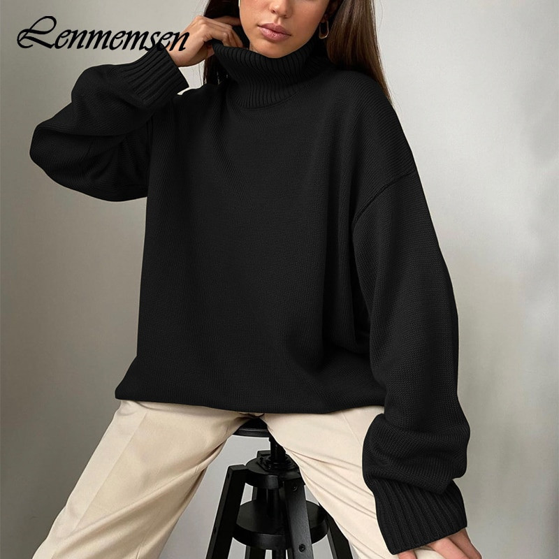 Lenmemsen ziemas brīvs trikotāžas džemperis sievietēm ikdienas džemperis ar garām piedurknēm, vienkrāsains sieviešu džemperis, moderns kašmira džemperis