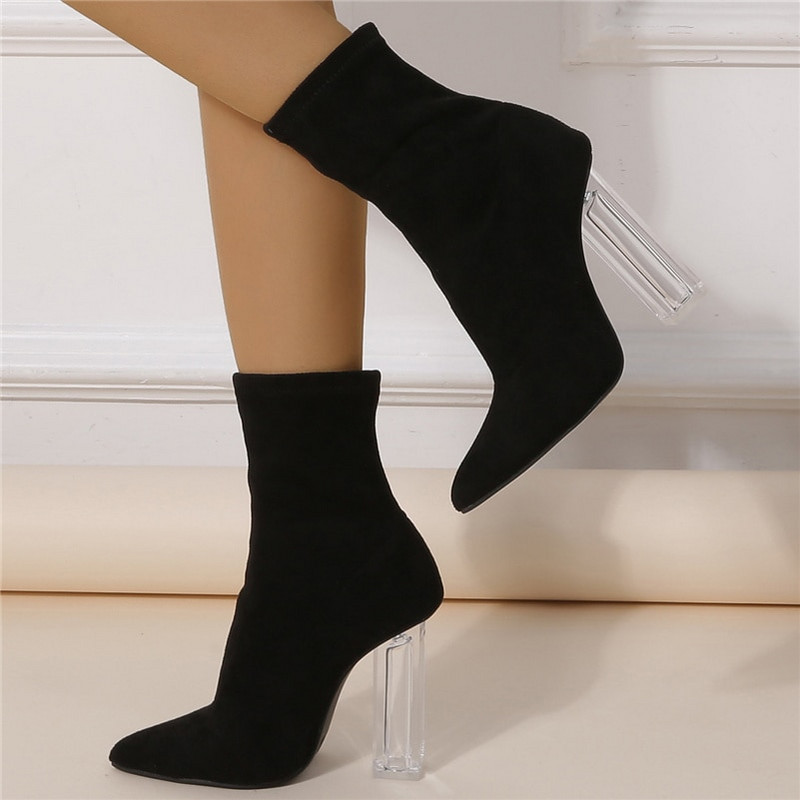 2022 Γυναικείες ψηλοτάκουνες σουέτ μποτάκια 10 εκ. Lady Stripper Winter Block Clear Heels Κοντά μποτάκια Διαφανή Apricot Prom παπούτσια