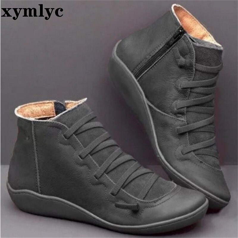 Sieviešu ziemas sniega zābaki  potītes Pavasara plakanas kurpes sievietēm Īsi vintage zābaki ar kažokādu 2020 sievietēm šņorzābaki