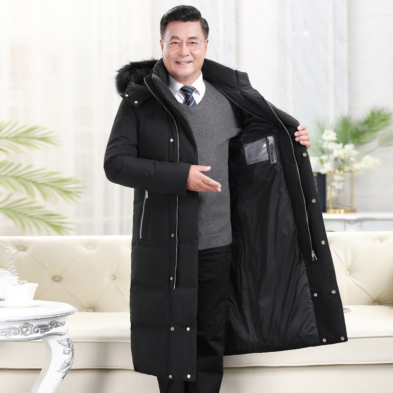 2022. gada X Long kažokādas apkakle Ziemas dūnu jaka Vīriešu mēteļi Biezi ziemas balti pīļu dūnu mētelis Vīriešu solīdi garie parki tēvam