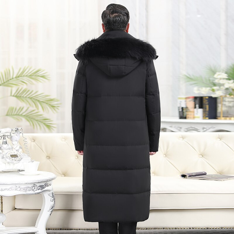 2022. gada X Long kažokādas apkakle Ziemas dūnu jaka Vīriešu mēteļi Biezi ziemas balti pīļu dūnu mētelis Vīriešu solīdi garie parki tēvam