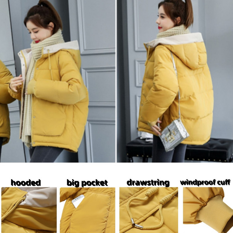 Kokvilnas ziemas sieviešu bieza dūnu jaka ar kapuci pūkains sniega parks brīvs ikdienas korejiešu īss virsdrēbes
