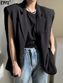 [EWQ] Korejiešu elegants vintage uzvalka apkakle ar divām pogām, vienkrāsainu melnu ikdienas brīvu plānu vestu mētelis sievietēm 2022. gada rudens rudens jauns 16Y461