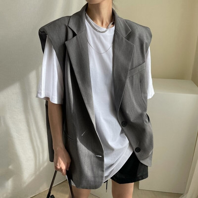 [EWQ] Korejiešu elegants vintage uzvalka apkakle ar divām pogām, vienkrāsainu melnu ikdienas brīvu plānu vestu mētelis sievietēm 2022. gada rudens rudens jauns 16Y461