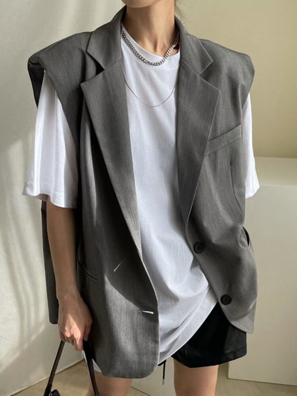 [EWQ] Korejiešu elegants vintage uzvalka apkakle ar divām pogām, vienkrāsainu melnu ikdienas brīvu plānu vestu mētelis sievietēm 2022. gada rudens rudens jauns 16Y461