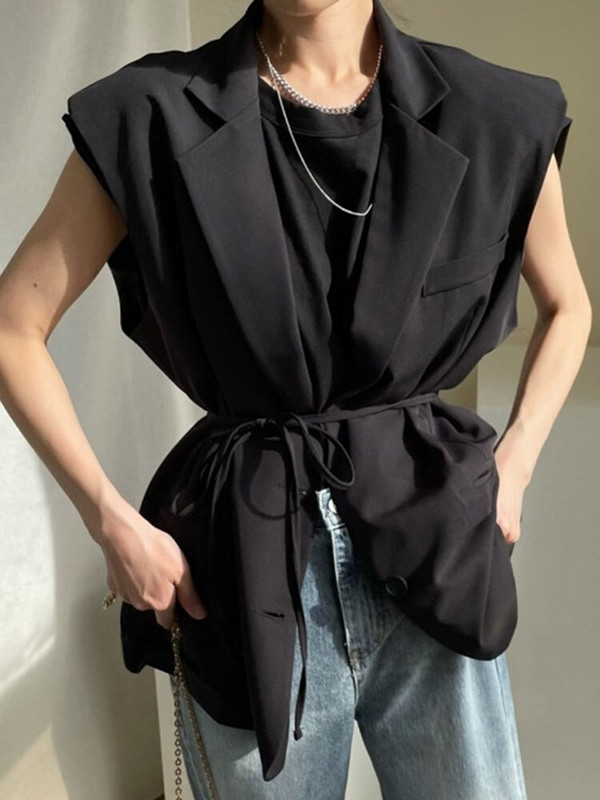 [EWQ] Korejiešu elegants vintage uzvalka apkakle ar divām pogām, vienkrāsainu melnu ikdienas brīvu plānu vestu mētelis sievietēm 2022. gada rudens rudens jauns 16Y461