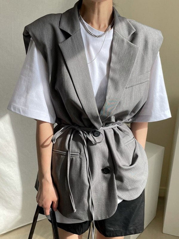 [EWQ] Korejiešu elegants vintage uzvalka apkakle ar divām pogām, vienkrāsainu melnu ikdienas brīvu plānu vestu mētelis sievietēm 2022. gada rudens rudens jauns 16Y461