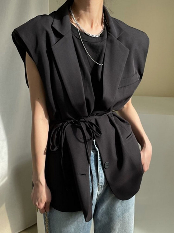 [EWQ] Korejiešu elegants vintage uzvalka apkakle ar divām pogām, vienkrāsainu melnu ikdienas brīvu plānu vestu mētelis sievietēm 2022. gada rudens rudens jauns 16Y461