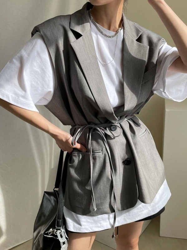 [EWQ] Korejiešu elegants vintage uzvalka apkakle ar divām pogām, vienkrāsainu melnu ikdienas brīvu plānu vestu mētelis sievietēm 2022. gada rudens rudens jauns 16Y461