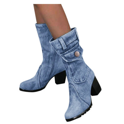 Blue Denim Boots Women`s Mid-Waist Rome Boots Chunky Mid-Heel Slip-On Boots Wild Vintage Women`s Plus Size Shoes