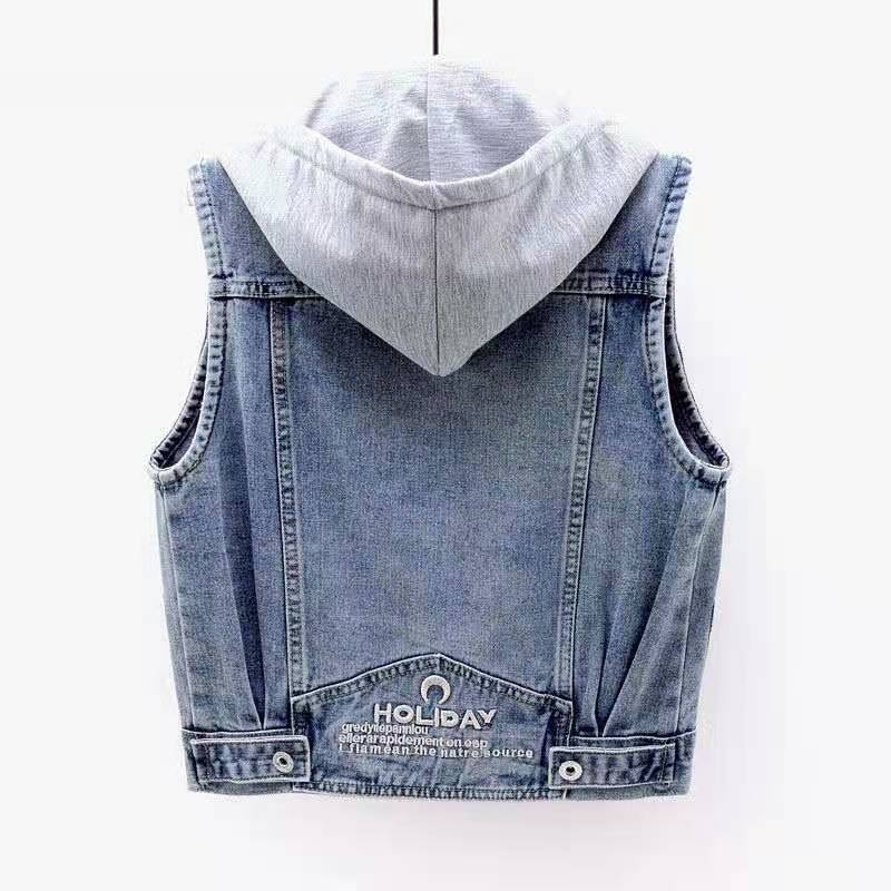 2021 Τζιν Γιλέκο Γυναικεία Ανοιξιάτικα και Φθινοπωρινά Ρούχα Αμάνικα Άγρια Μπλουζάκια Κοντό Γυναικείο Μπουφάν με κουκούλα Τζιν Τζιν Γιλέκο Γυναικείο Μπουφάν