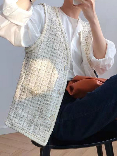 Sungtin korejiešu modes Tvīda brīva žakete Sieviešu V kakla gadījuma veste jakas Mētelis Sieviešu biroja sieviešu topi Y2K apģērbs