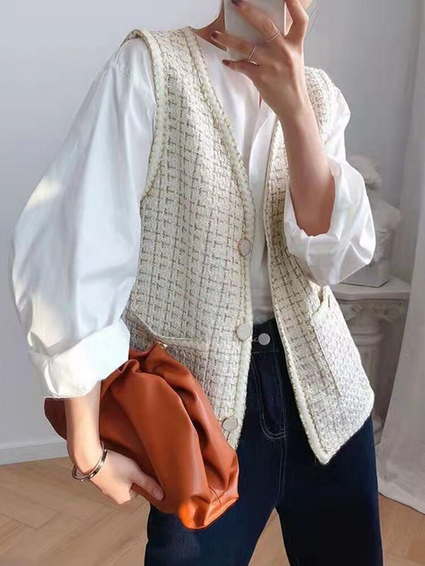 Sungtin korejiešu modes Tvīda brīva žakete Sieviešu V kakla gadījuma veste jakas Mētelis Sieviešu biroja sieviešu topi Y2K apģērbs