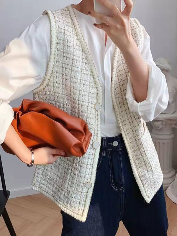 Sungtin korejiešu modes Tvīda brīva žakete Sieviešu V kakla gadījuma veste jakas Mētelis Sieviešu biroja sieviešu topi Y2K apģērbs