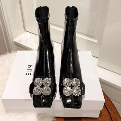 Γυναικείες κοντές δερμάτινες μπότες Crystal Black White Zipper Dress Party Working Ankle Boots Φθινοπωρινά χειμωνιάτικα ζεστά παπούτσια