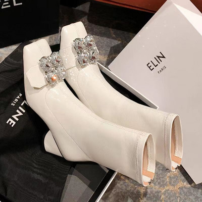 Γυναικείες κοντές δερμάτινες μπότες Crystal Black White Zipper Dress Party Working Ankle Boots Φθινοπωρινά χειμωνιάτικα ζεστά παπούτσια