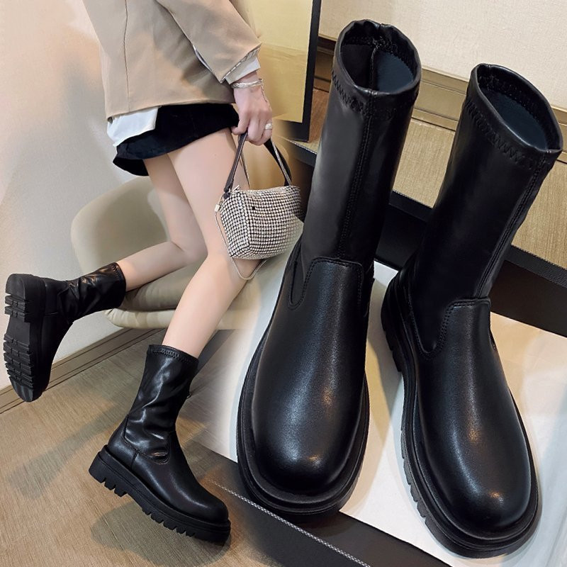 Sieviešu puszābaki Sieviešu apavi slīdoši ikru zābaki Platforma Mīksta PU ādas garie zābaki Apavi sieviete mode pavasaris ziema